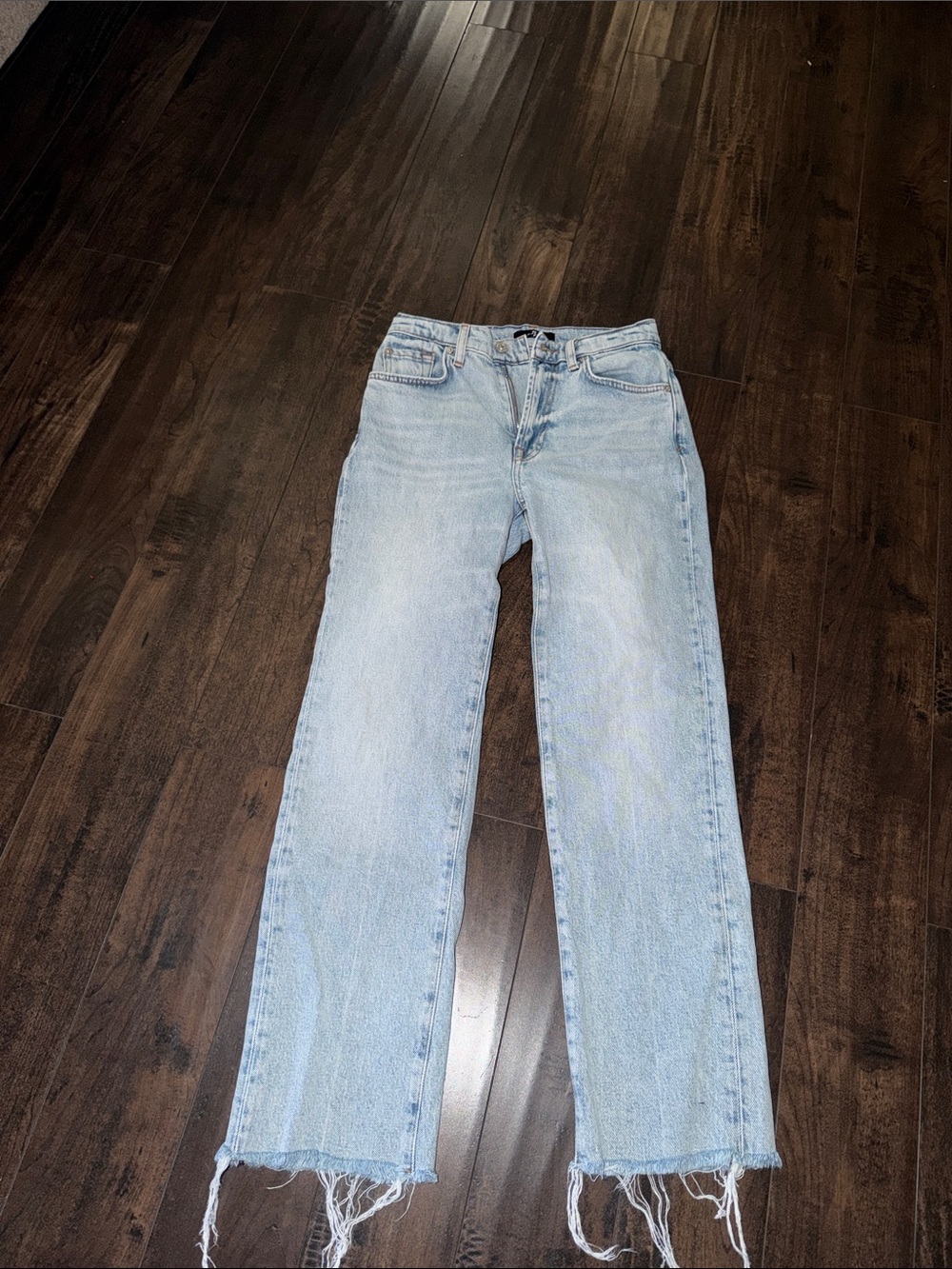7 For All Mankind Light Blue Straight-Leg Jeans with Frayed Hem